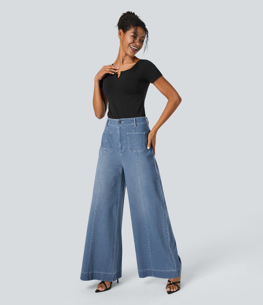 Halara Flex™ High Waisted Pockets Washed Casual Wide Leg Jeans - Azure Blue Denim