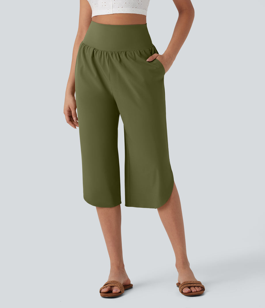 Breezeful™ High Waisted Tummy Control Hem Quick Dry Capri Pants with Pockets - Sphagnum
