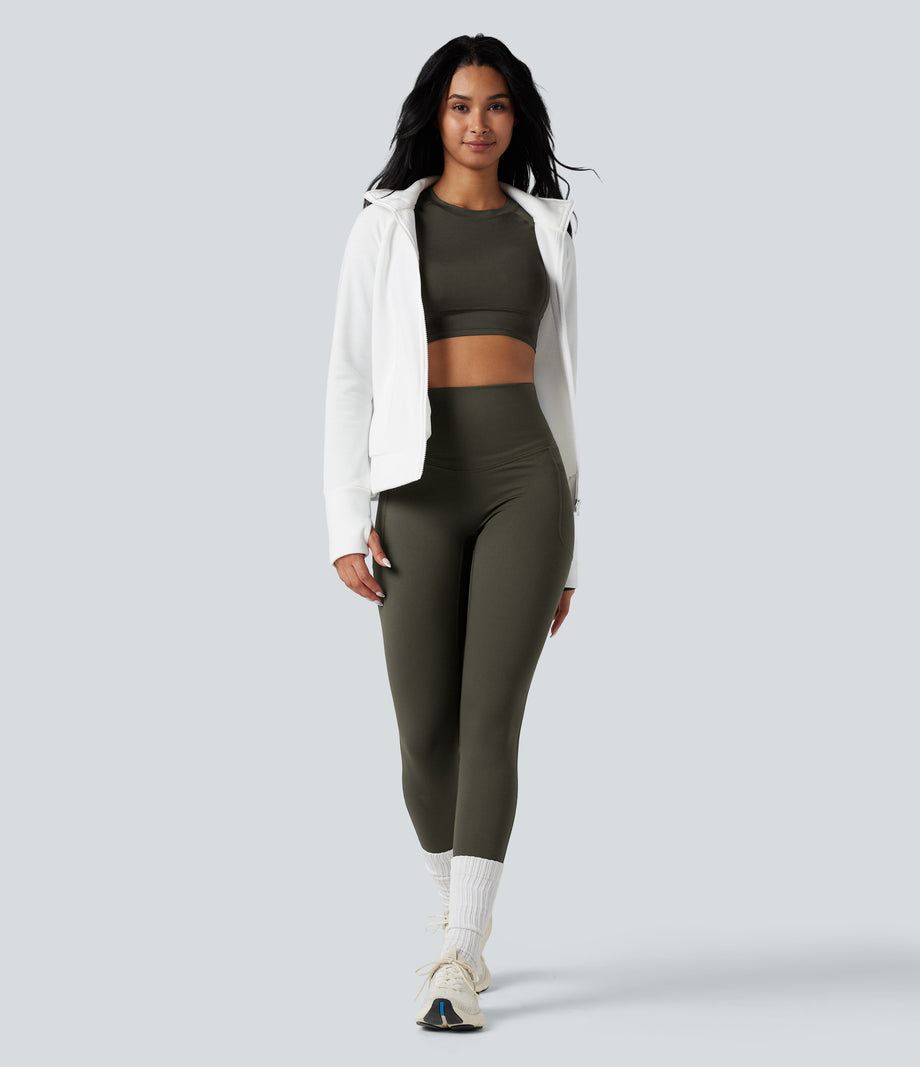 Halara Ultrasculpt™ Heat High Waisted Tummy Control Crossover Back Fleece Running Leggings with Pockets - Forest Night
