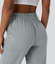 High Waisted Zipper Pocket Cropped Linen-Feel Pants - Quarry