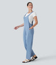 Halara Flex™ V Neck Pocket Washed Denim Casual Overalls - Campanula Blue Denim