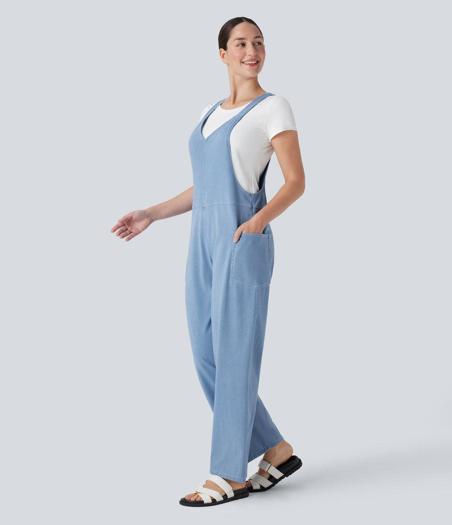 Halara Flex™ V Neck Pocket Washed Denim Casual Overalls - Campanula Blue Denim