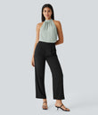Keyhole Back Halter Sleeveless Curved Hem Work Blouse - Pale Clay Green