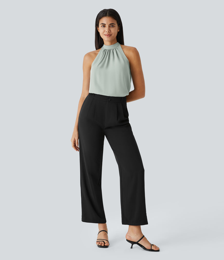 Keyhole Back Halter Sleeveless Curved Hem Work Blouse - Pale Clay Green