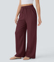 High Waisted Drawstring Pocket Wide Leg Baggy Casual Linen-Feel Pants - Zinfandel