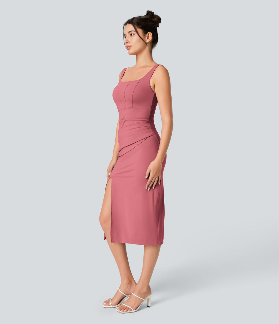 SoftlyZero™ Airy Square Neck Backless Corset Ruched Split Bodycon Midi Cool Touch Bridesmaid and Wedding Guest Dress - Begonia Rouge