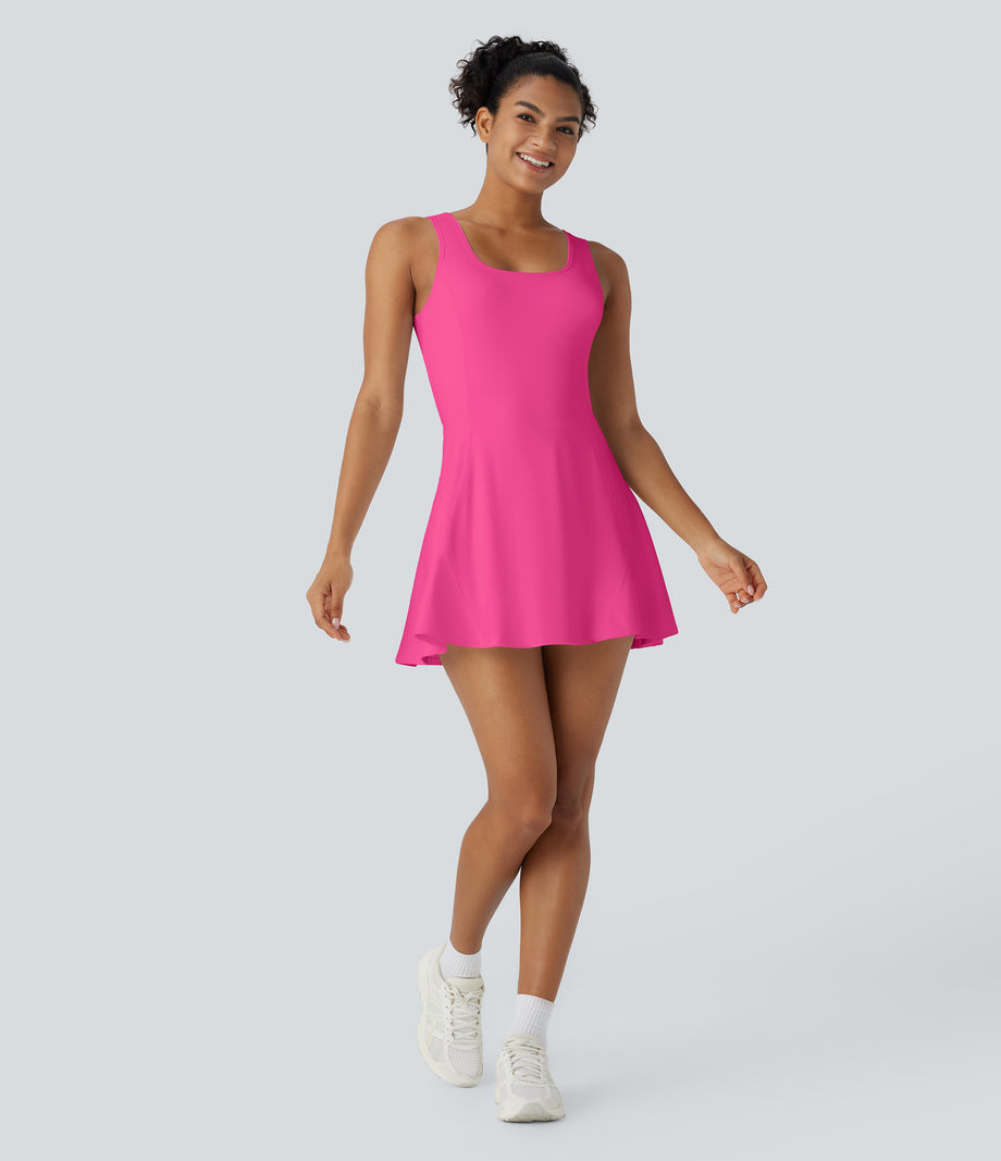 SoftlyZero™ Airy U Neck 2-in-1 Pocket Mini Cool Touch Dance Active Dress - Fuchsia Fedora