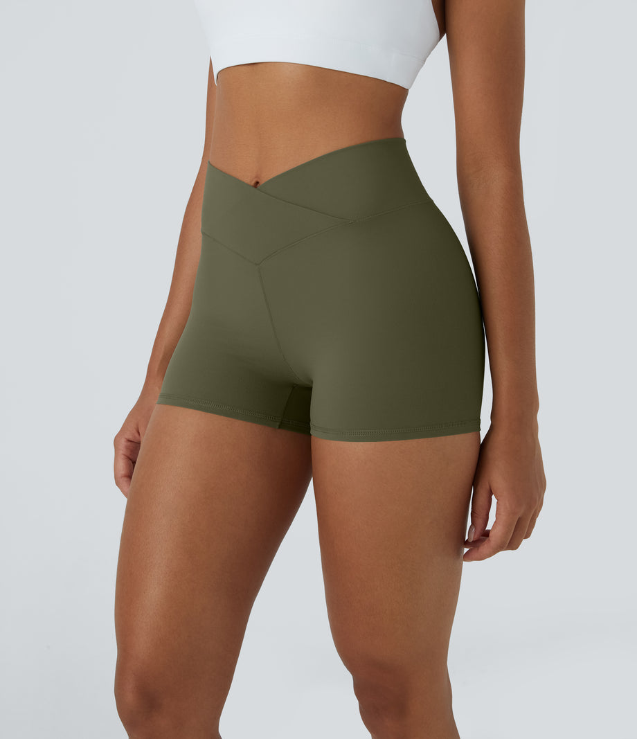 SoftlyZero™ High Waisted Crossover Plain Yoga Biker Shorts 3''-UPF50+ - Grass Grey Green