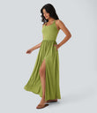 Twisted Backless Split Flowy Maxi Resort Dress with Pockets - Soft Meadow Green