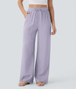 High Waisted Drawstring Pocket Wide Leg Baggy Casual Linen-Feel Pants - Wanderlust - Lilac