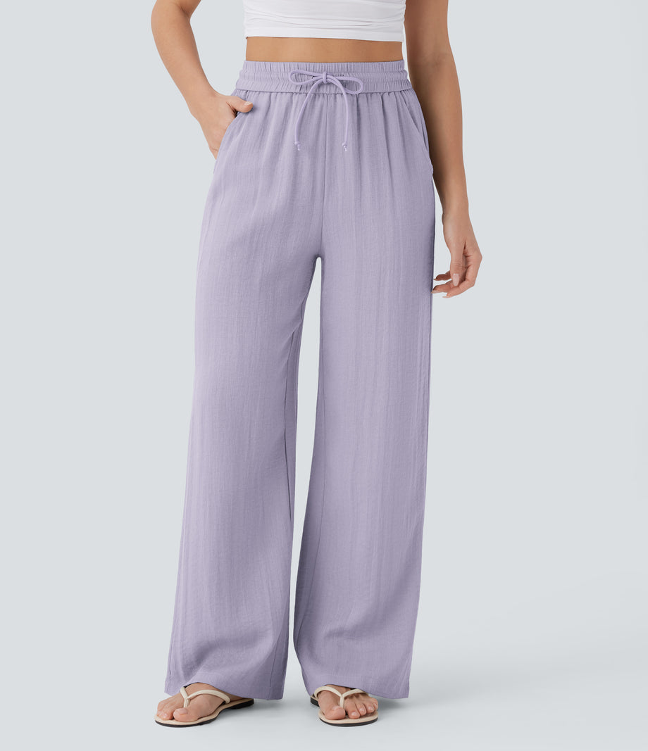 High Waisted Drawstring Pocket Wide Leg Baggy Casual Linen-Feel Pants - Wanderlust - Lilac