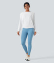 Round Neck Long Sleeve Ruched Yoga Sports Top-UPF50+ - White