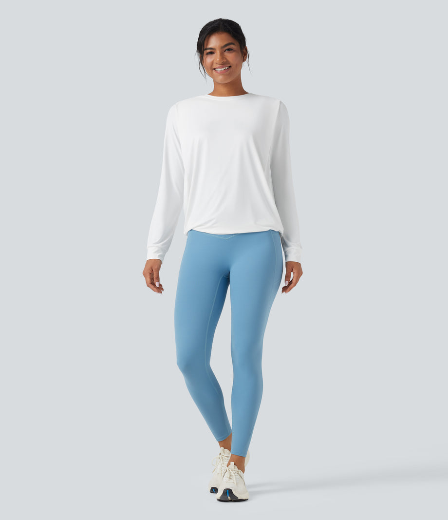 Round Neck Long Sleeve Ruched Yoga Sports Top-UPF50+ - White