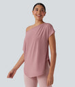 One Shoulder Short Sleeve Curved Hem High Low Quick Dry Yoga Sports Top - Soft Berry