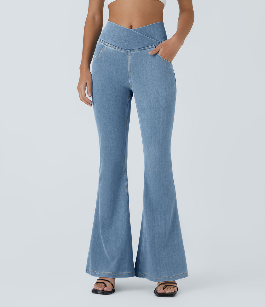 Halara Flex™ High Waisted Crossover Pocket Washed Casual Jeans - Washed Denim Sunny Blue