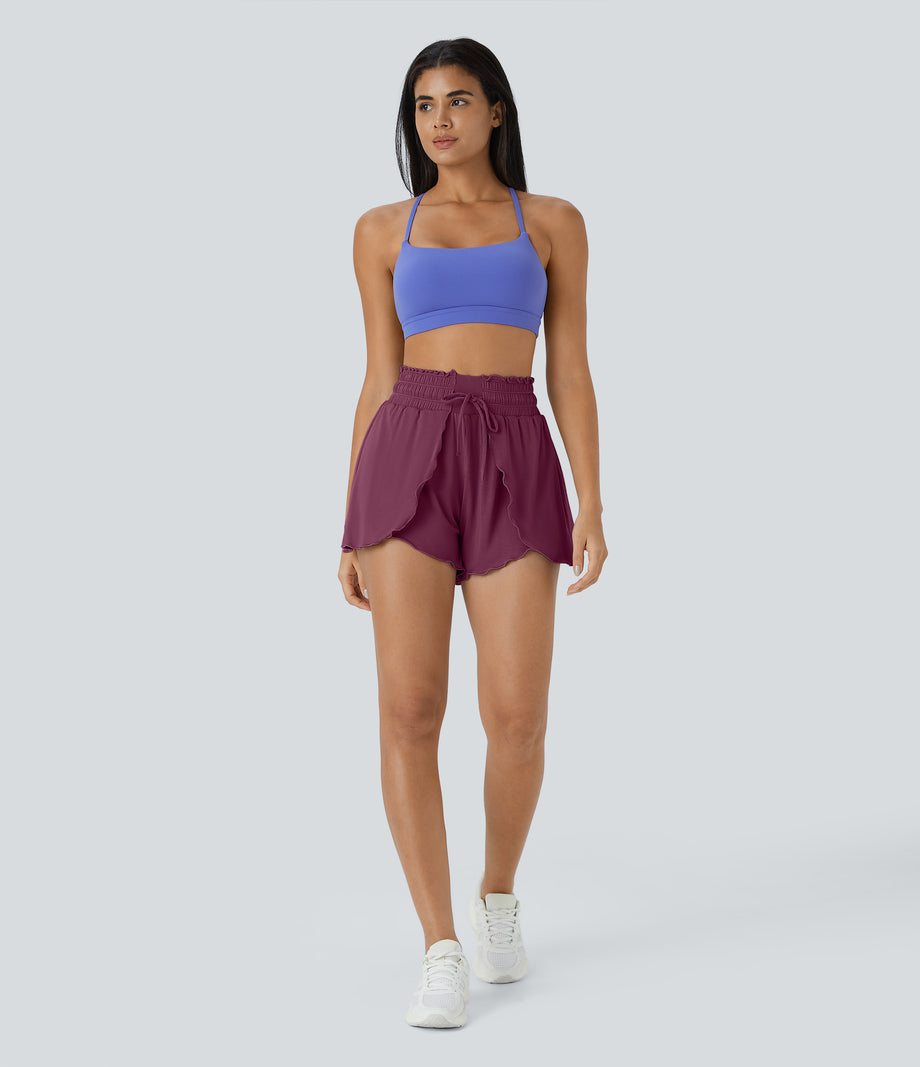 Frill High Waisted Elastic Waistband Drawstring Flowy Stacked Casual Shorts 3" - Red Violet
