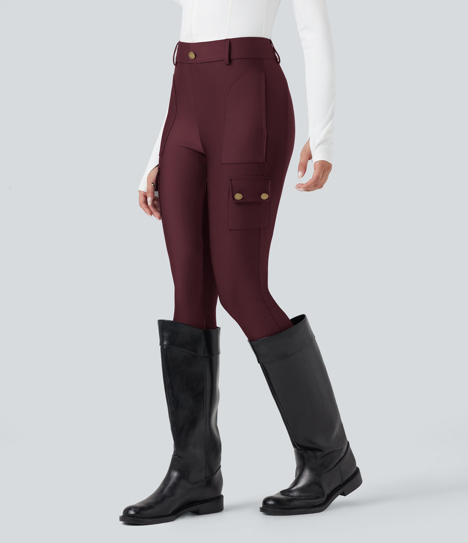 High Waisted Sheen 7/8 Leggings with Pockets - Evening Red