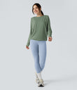 Round Neck Long Sleeve Ruched Yoga Sports Top-UPF50+ - Hedge Green
