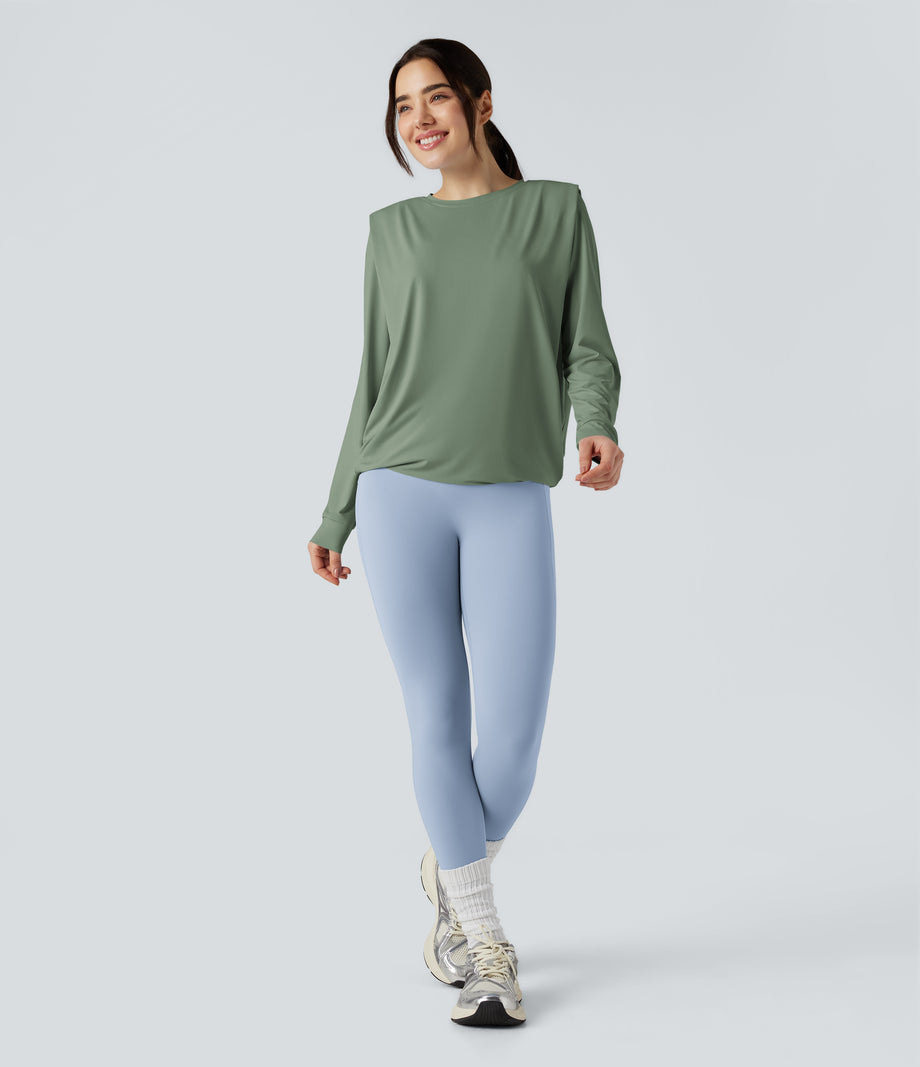 Round Neck Long Sleeve Ruched Yoga Sports Top-UPF50+ - Hedge Green
