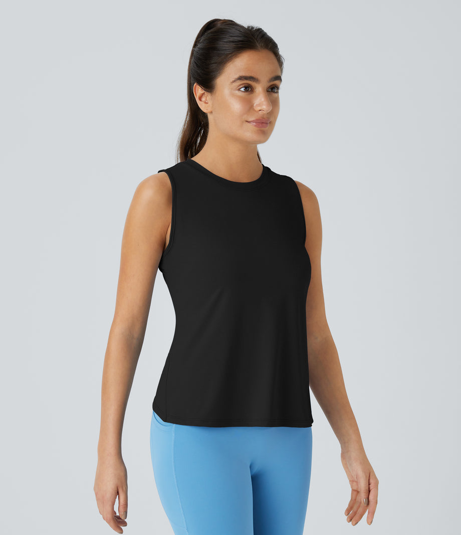 Cut Out Crossover Hem Solid Yoga Tank Top - Black