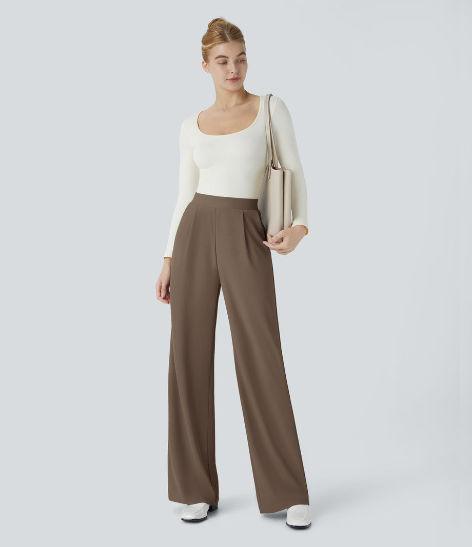 Halara Flex™ High Waisted Body Sculpt Waist-Slimming Pocket Wide Leg Micro Waffle Work Pants - Shitake