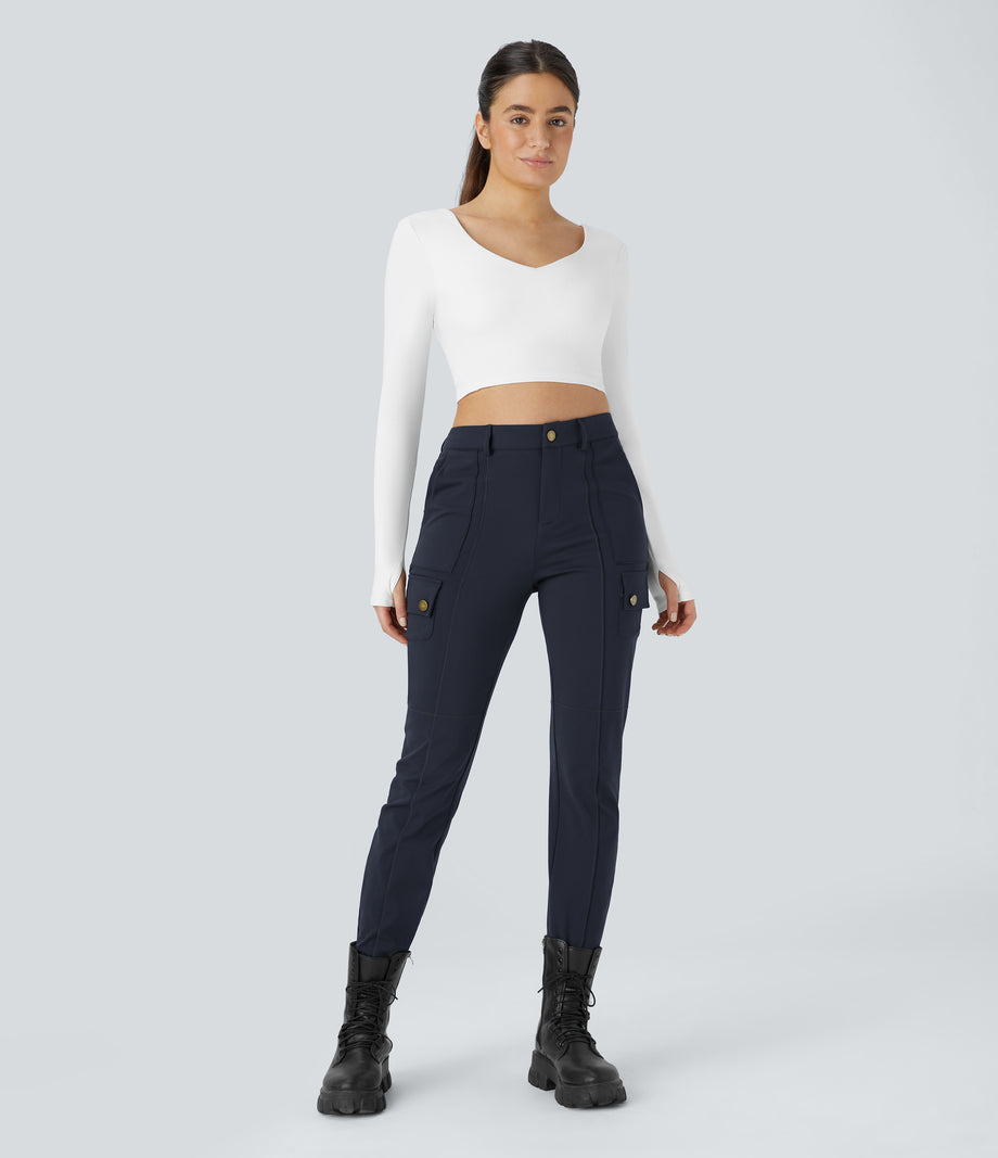 DayStretch High Waisted Zipper Pockets Solid Skinny Cargo Pants - Midnight Blue