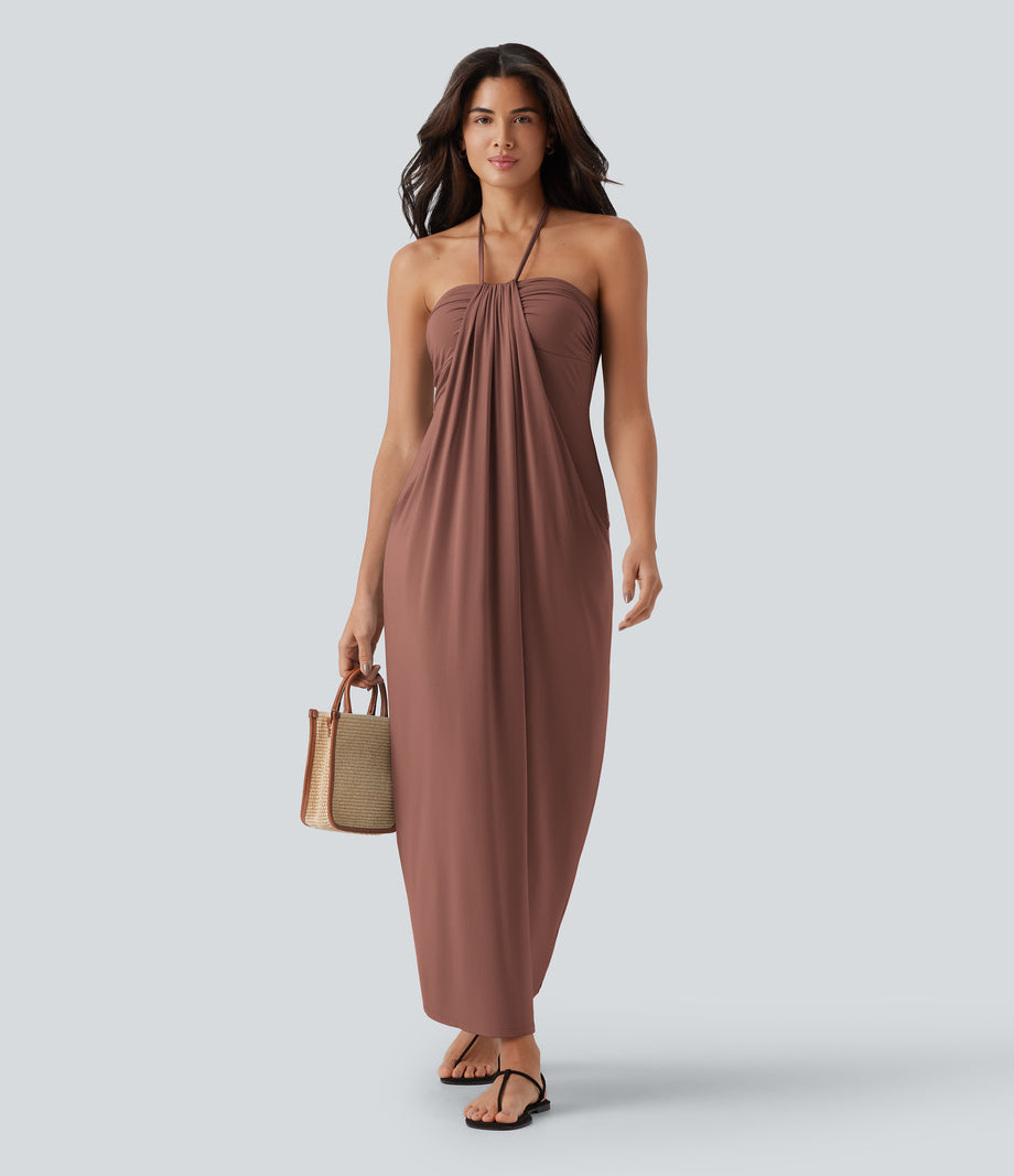 Halter Tie Back Maxi Dress with Pockets - Brick Dust
