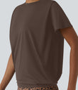 Round Neck Short Sleeve Ruched Cool Touch Yoga Sports Top-UPF50+ - Chocolate Martini