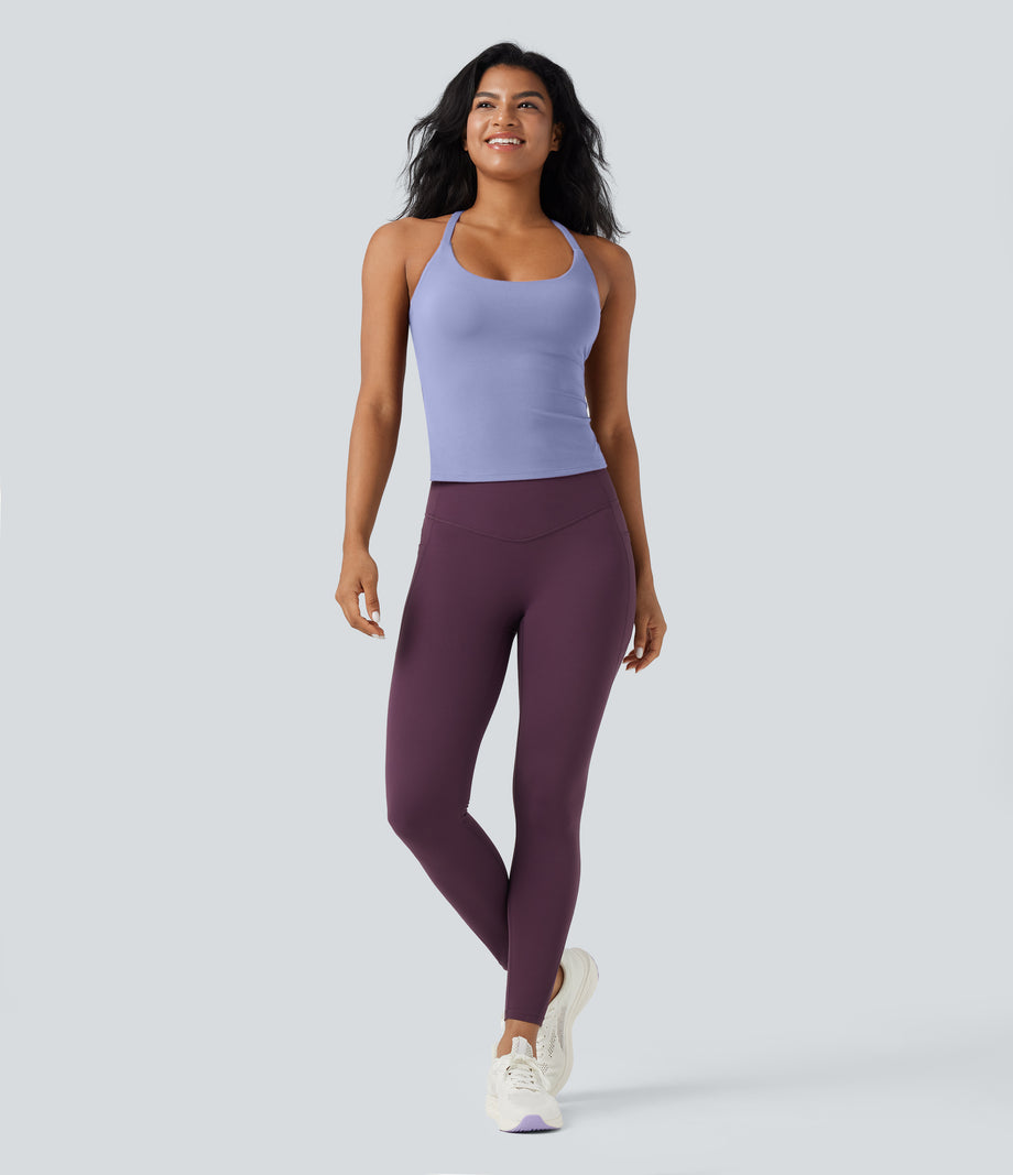 Scoop Neck Crisscross Back Crossover Hem Yoga Cami Top - Baby Lavender