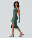 Ruched Lace Up Bodycon Midi Casual Dress - Blue Spruce