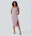 Ruched Lace Up Bodycon Midi Casual Dress - Pink Purple