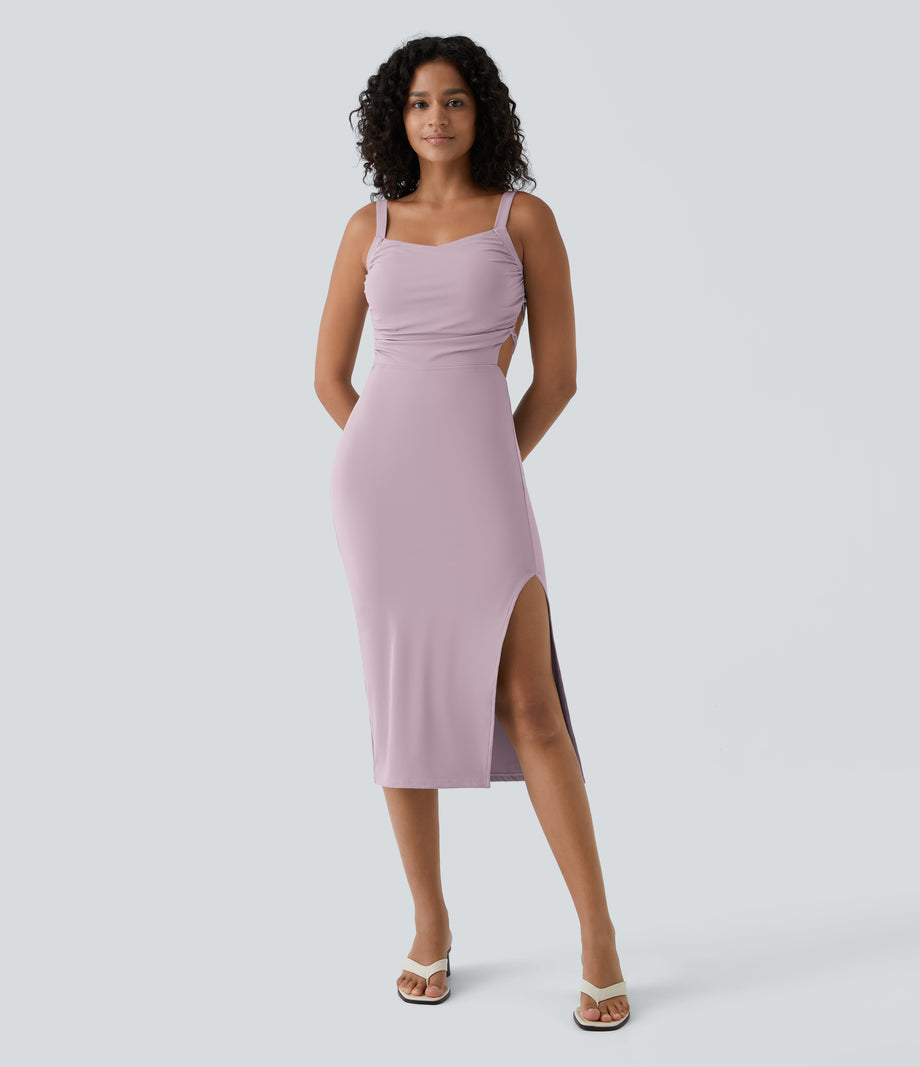 Ruched Lace Up Bodycon Midi Casual Dress - Pink Purple