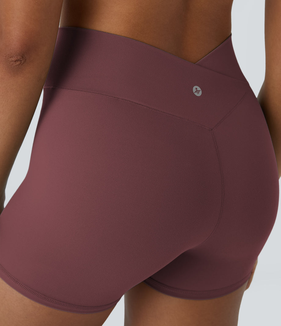 SoftlyZero™ High Waisted Crossover Plain Yoga Biker Shorts 3''-UPF50+ - Red Mahogany