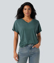 V-neck Short Sleeve Ruched Relaxed Casual Top - Jade Green Floral Yarn