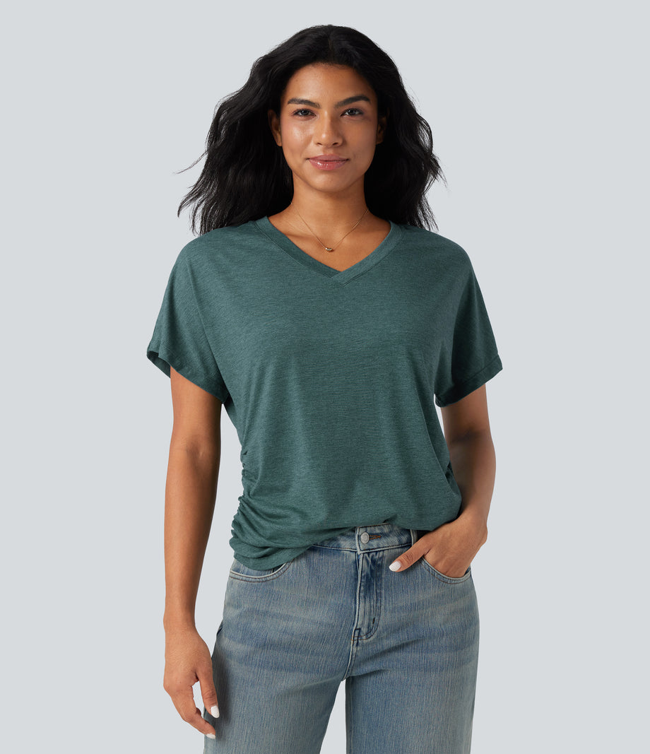 V-neck Short Sleeve Ruched Relaxed Casual Top - Jade Green Floral Yarn