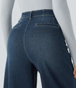 Halara Flex™ High Waisted Pockets Washed Casual Wide Leg Jeans - Distressed Denim Dark Blue