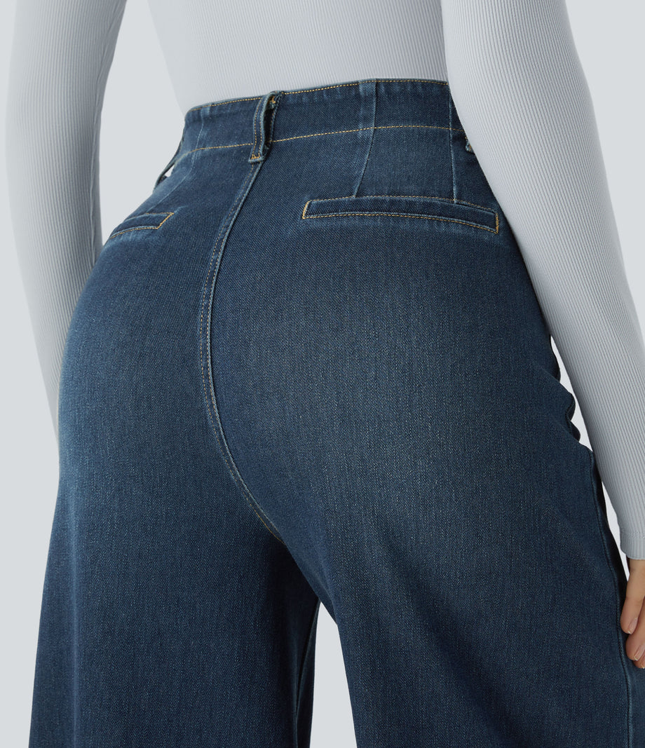 Halara Flex™ High Waisted Pockets Washed Casual Wide Leg Jeans - Distressed Denim Dark Blue