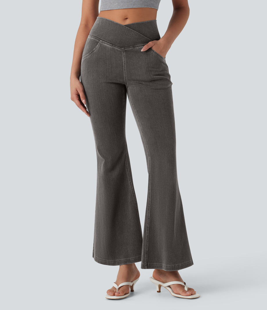 Halara Flex™ High Waisted Crossover Pocket Washed Casual Jeans - Iron Gate Denim