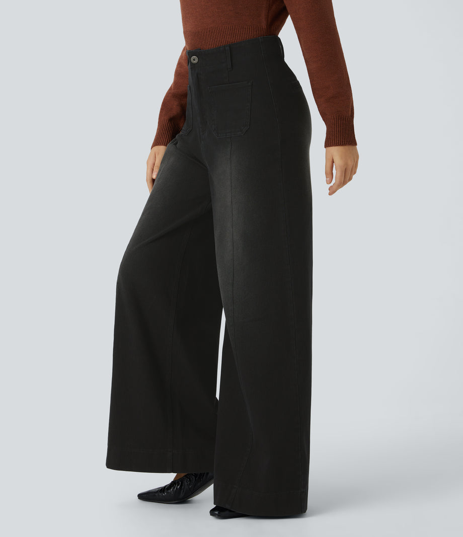 Halara Flex™ High Waisted Pockets Washed Casual Wide Leg Jeans - Coal Black Denim