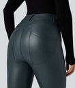 High Waisted Stretchy PU Fleece Casual Leggings with Pockets - Stratified Sea