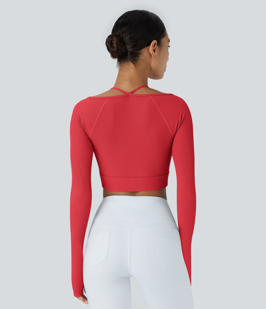 Ribbed Halter Strap Thumb Hole Cropped Yoga Sports Top - Tomato