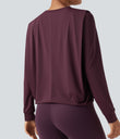 Round Neck Long Sleeve Ruched Yoga Sports Top-UPF50+ - Fig