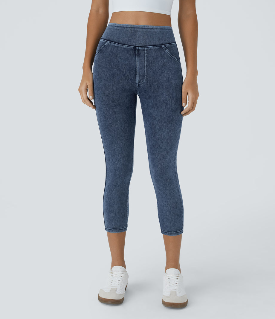 Halara Flex™ High Waisted Pocket Denim Capri Casual Leggings - Washed Denim Bleached Blue