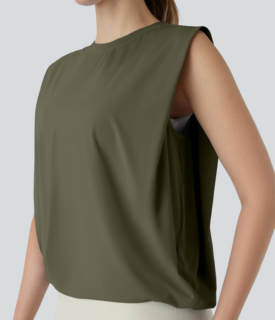 Round Neck Ruched Cool Touch Yoga Tank Top-UPF50+ - Grass Grey Green