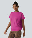Round Neck Short Sleeve Ruched Cool Touch Yoga Sports Top-UPF50+ - Fuchsia Fedora