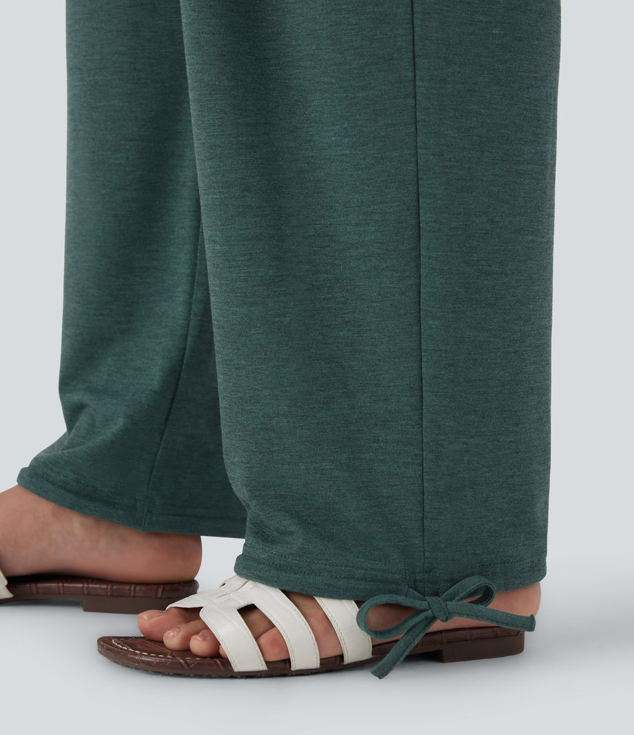 Crossover High Waisted Pocket Drawstring Casual Joggers - Jade Green Floral Yarn