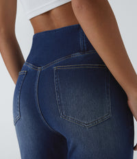Halara Flex™ High Waisted Crossover Pocket Washed Casual Flare Jeans - Bright Blue Denim