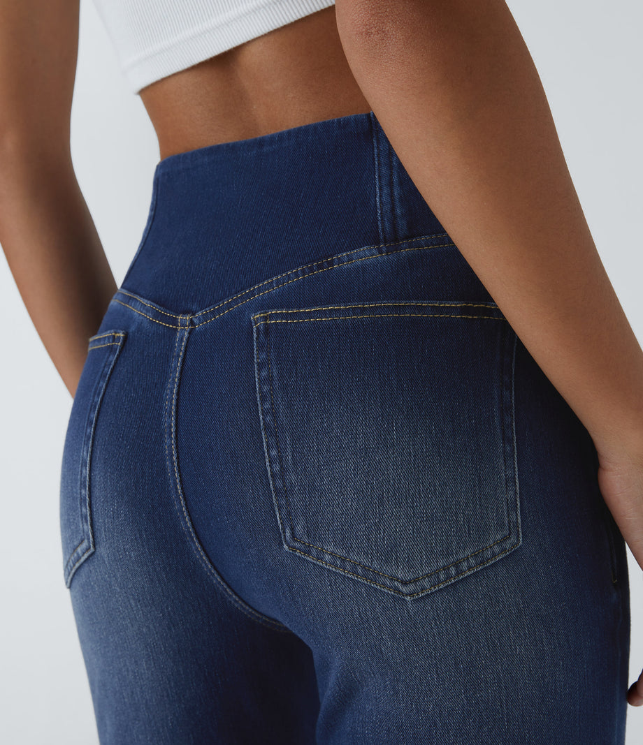Halara Flex™ High Waisted Crossover Pocket Washed Casual Flare Jeans - Bright Blue Denim