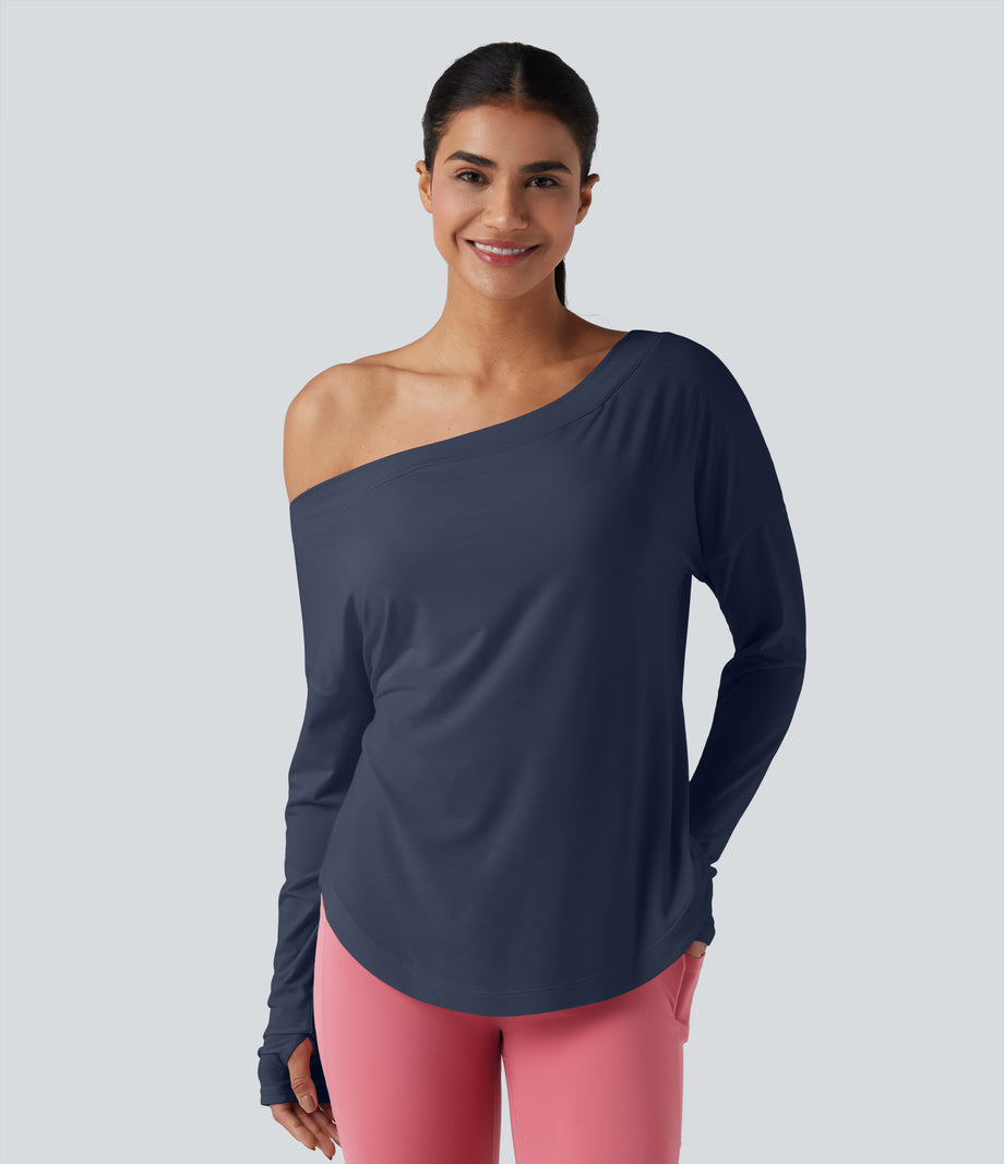 One Shoulder Long Sleeve Thumb Hole Curved Hem High Low Quick Dry Yoga Sports Top-Built-in Bra - Mood Indigo
