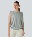 Round Neck Ruched Cool Touch Yoga Tank Top-UPF50+ - Mirage Gray